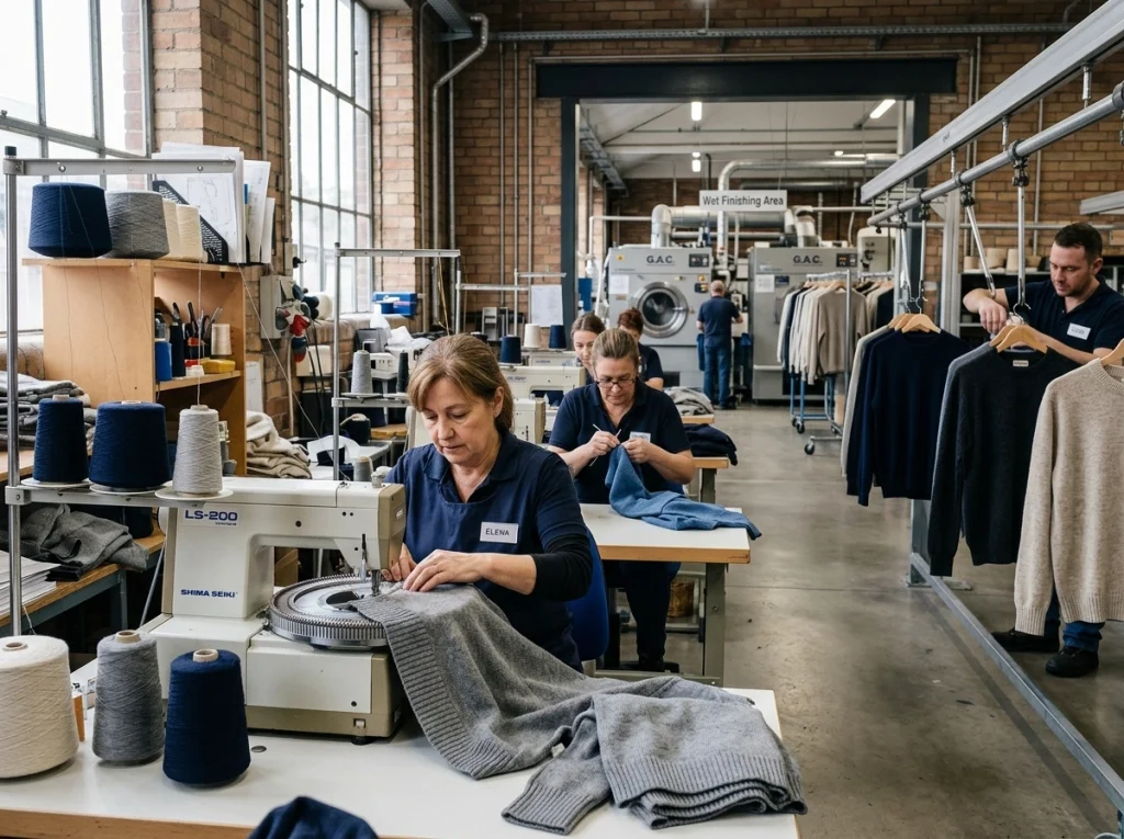 Workers linking sweater panels and finishing knit garments before washing in a knitwear factory