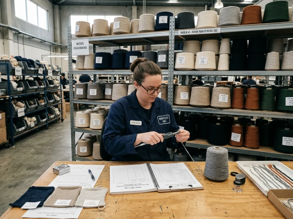 Technician inspecting yarn cones and checking raw material quality in a sweater factory yarn storage area