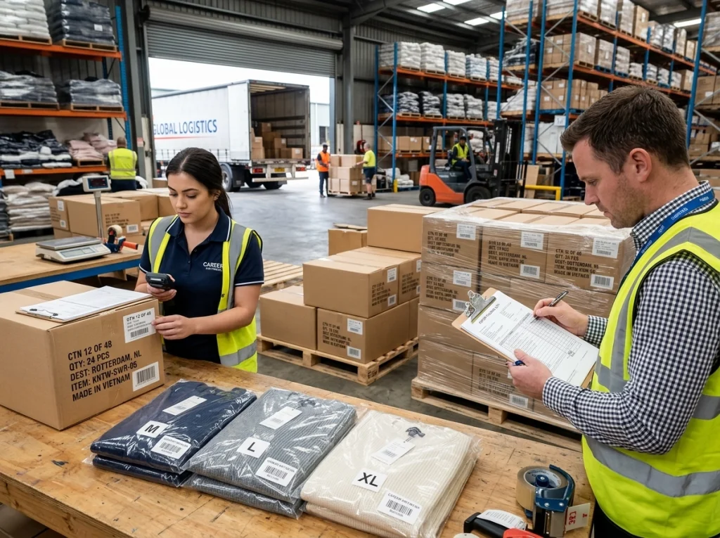 Folded knit jumpers in polybags, export cartons on pallets, and warehouse staff checking labels and shipping documents before dispatch.
