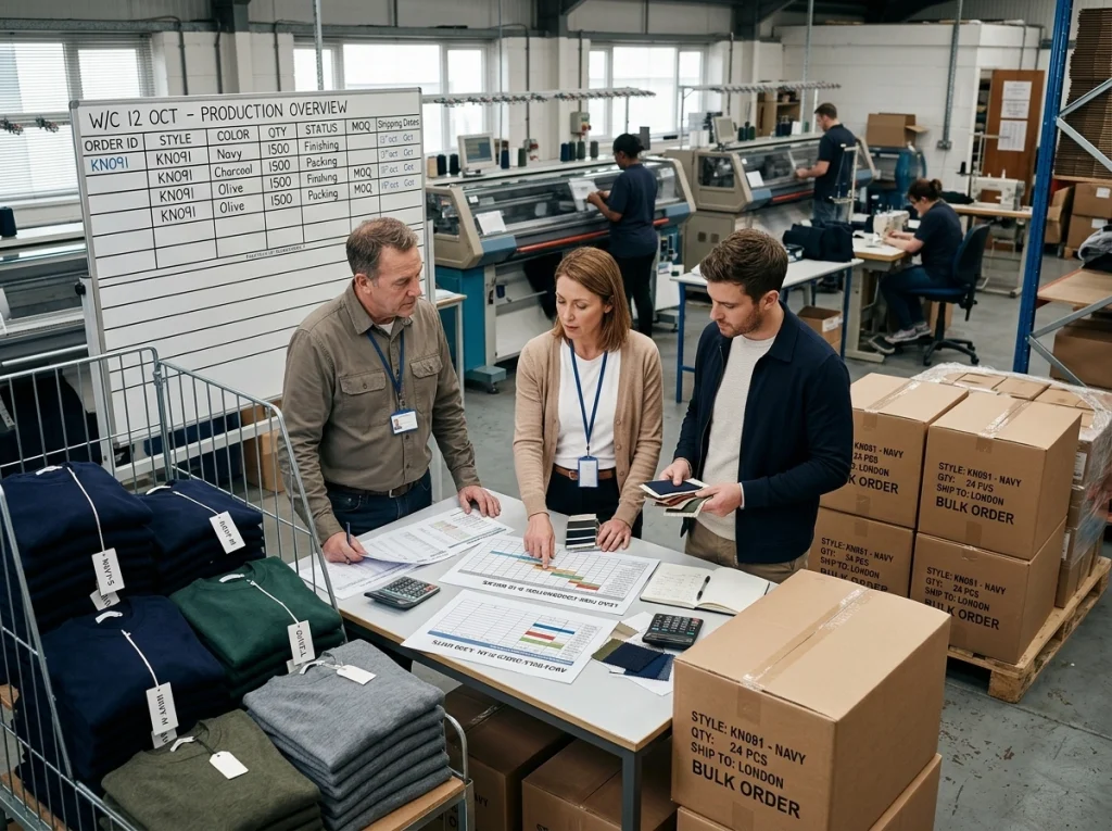 Factory planner and buyer review bulk sweater orders, production schedules, and packed cartons near the production line.