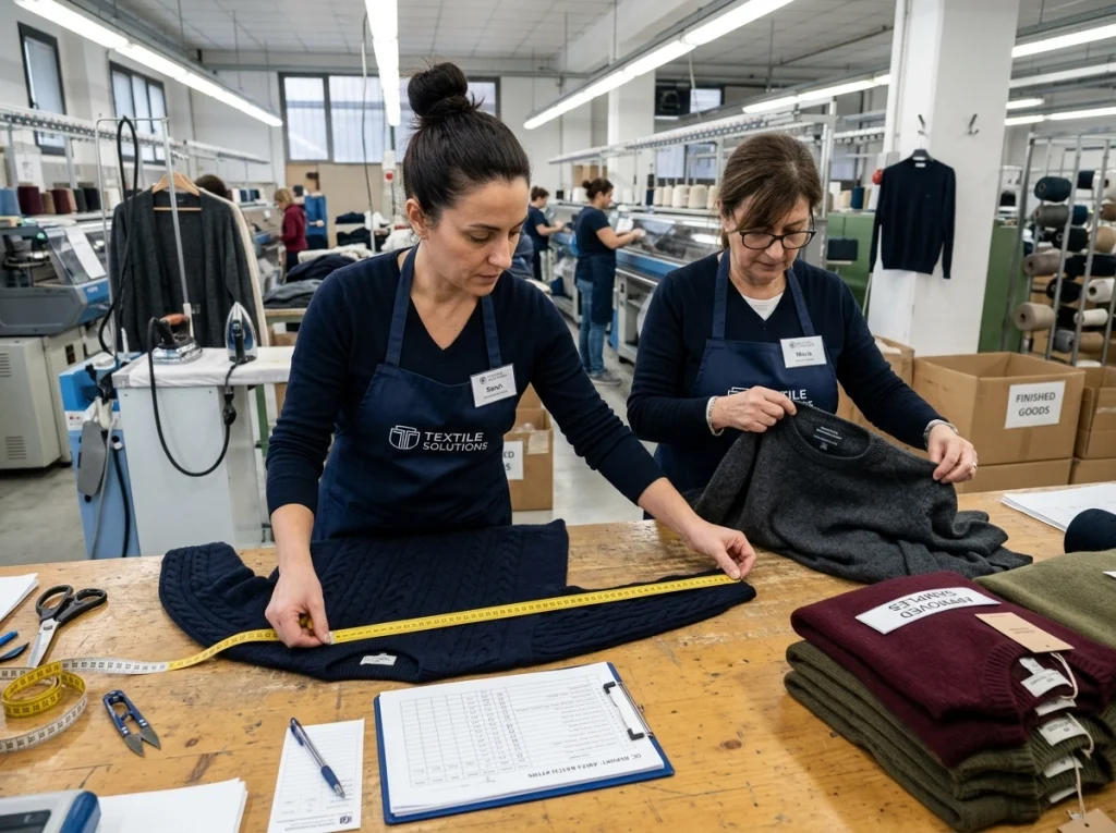 Quality control inspectors measure sweaters, check seams, and review labels during knitwear factory inspection.