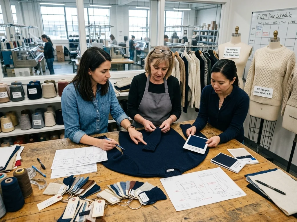 Technicians review sweater proto samples, yarn swatches, and measurement sheets in a knitwear sample development room.