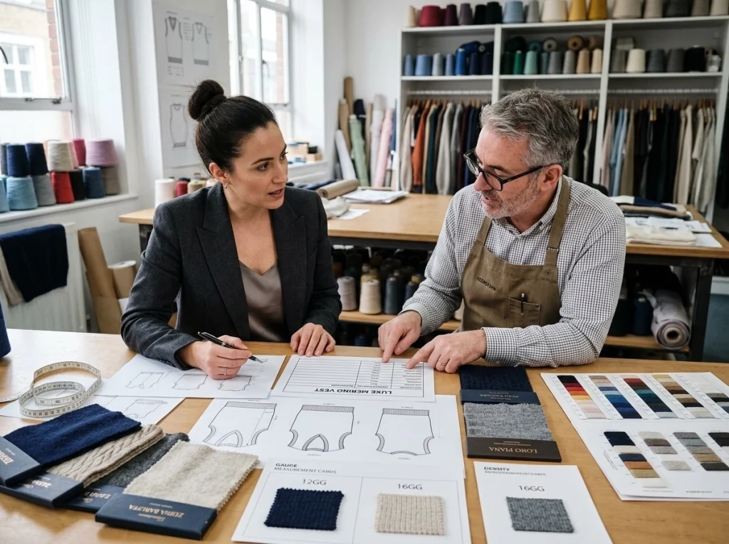 Sourcing manager and technician define sweater vest specs with sketches, yarn swatches, measurements, and neckline references on a worktable.