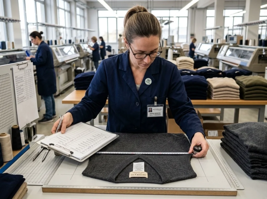 QC inspector measures a premium sweater vest and checks neckline, armhole shaping, stitch regularity, and finishing quality on an inspection table.