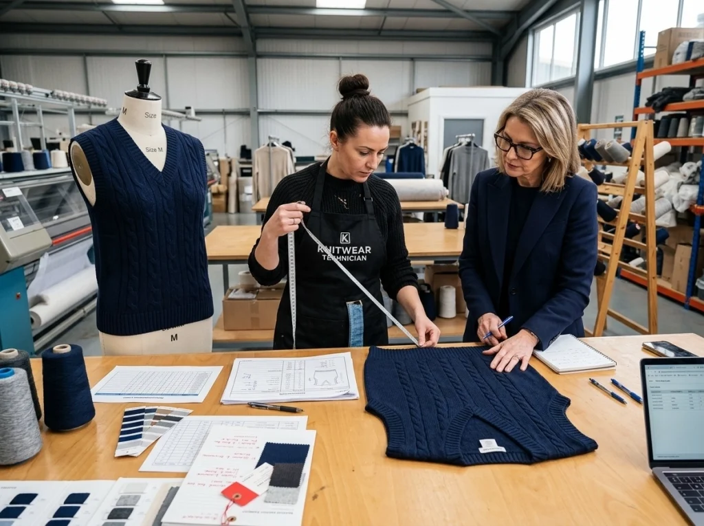 Buyer and factory technician review a sweater vest sample, checking measurements, neckline shape, labels, and revision notes in a sample room.