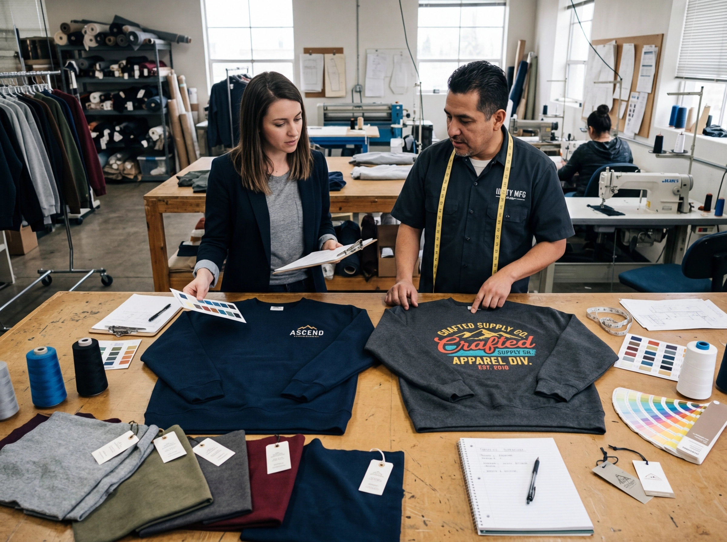 Buyer and factory technician compare an embroidered sweatshirt and a printed sweatshirt on a product development table with fabric swatches and color cards.