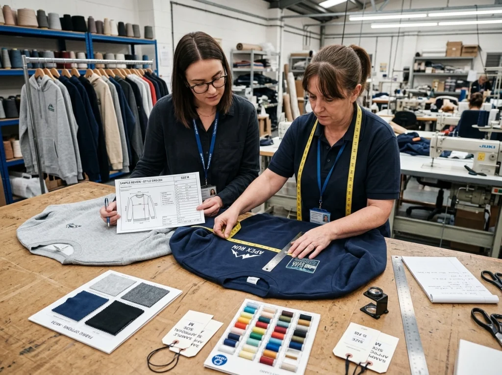 Buyer and garment technician inspect sweatshirt samples, check logo placement, and review fabric feel and sample details in a development room.