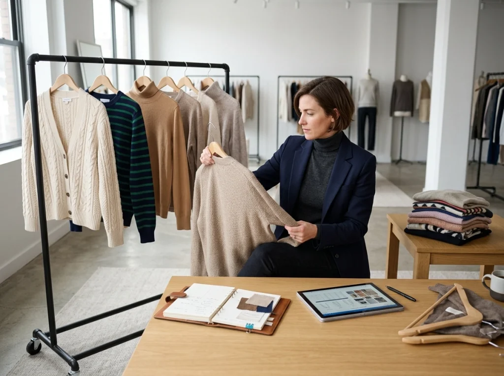 Boutique buyer reviewing a reduced knitwear assortment with selected sweaters and leftover unsold pieces in a buying office.