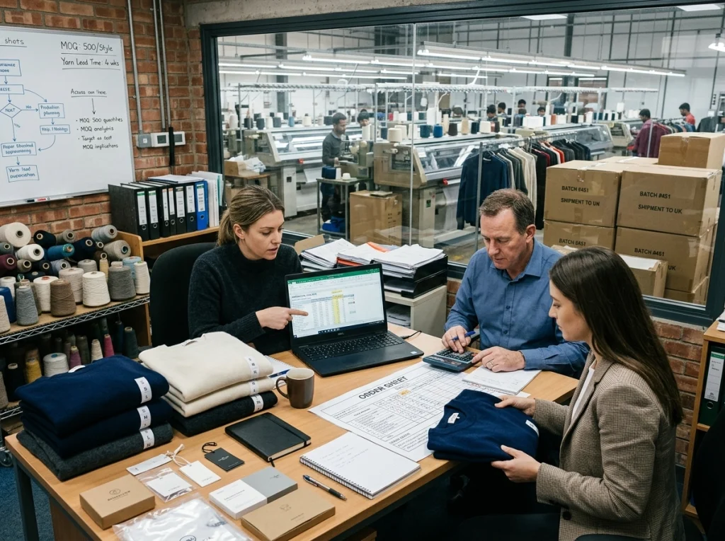Factory merchandiser, planner, and buyer reviewing sweater order quantities, yarn inventory, and folded garments for MOQ planning.