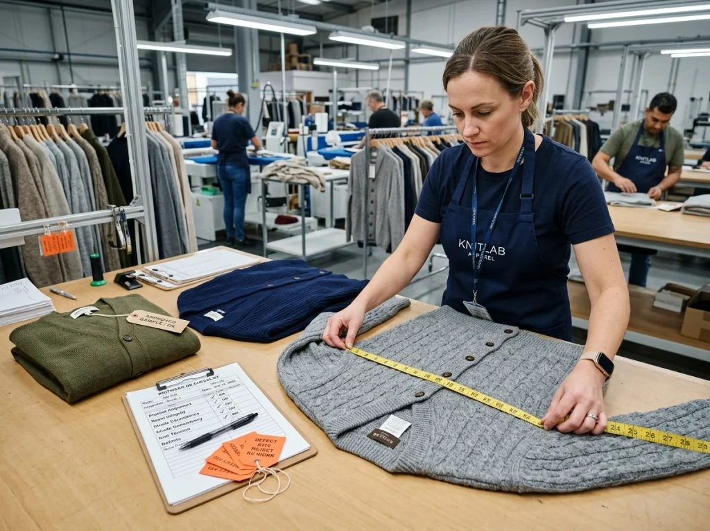 QC inspector measuring a cardigan and sweater on an inspection table while checking placket alignment, seam quality, and knit consistency.