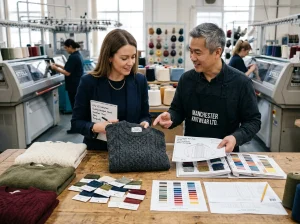 Boutique buyer and knitwear factory manager reviewing wholesale knitted sweaters, yarn swatches, and technical sketches in a professional sourcing meeting.