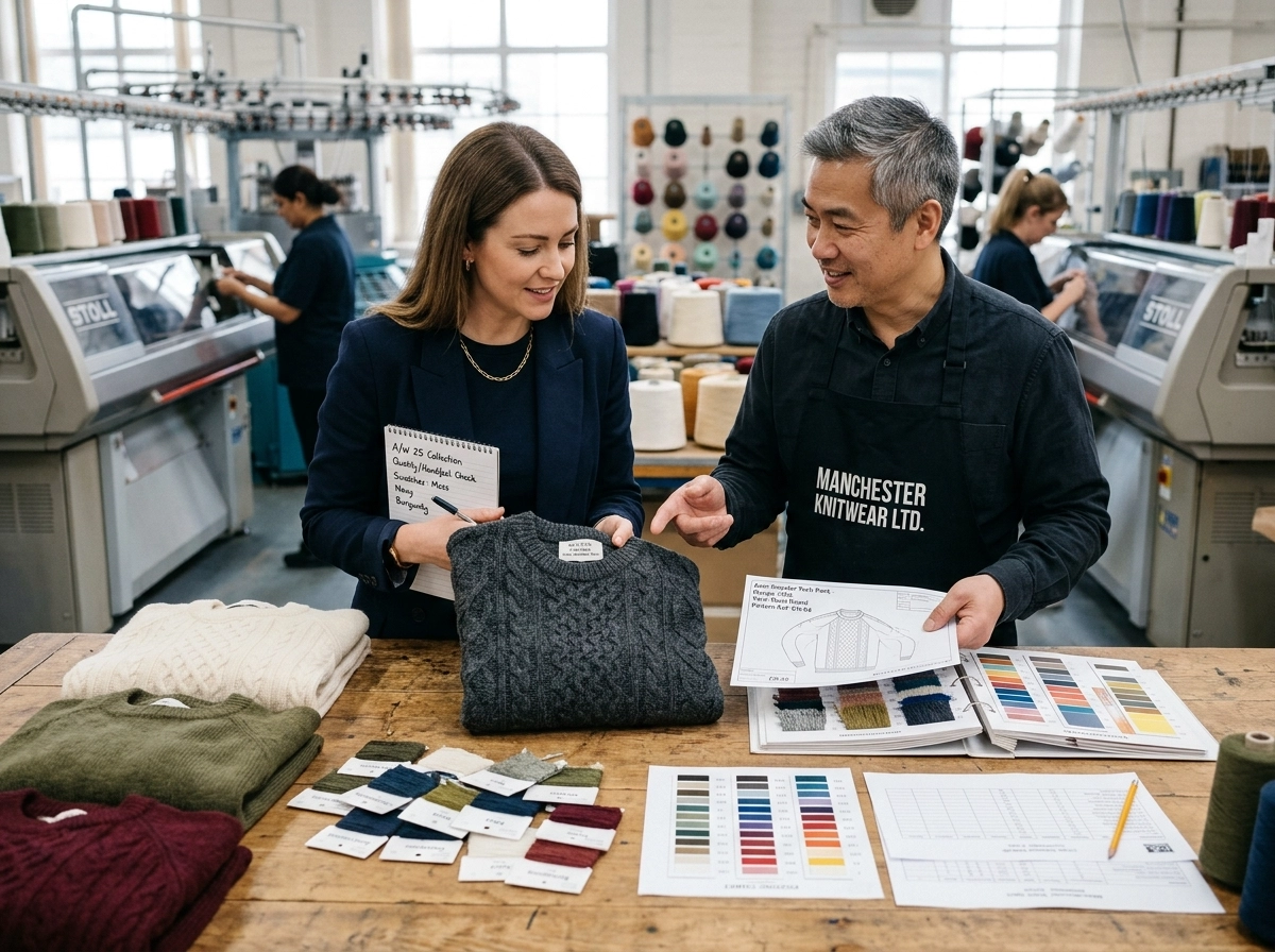 Boutique buyer and knitwear factory manager reviewing wholesale knitted sweaters, yarn swatches, and technical sketches in a professional sourcing meeting.