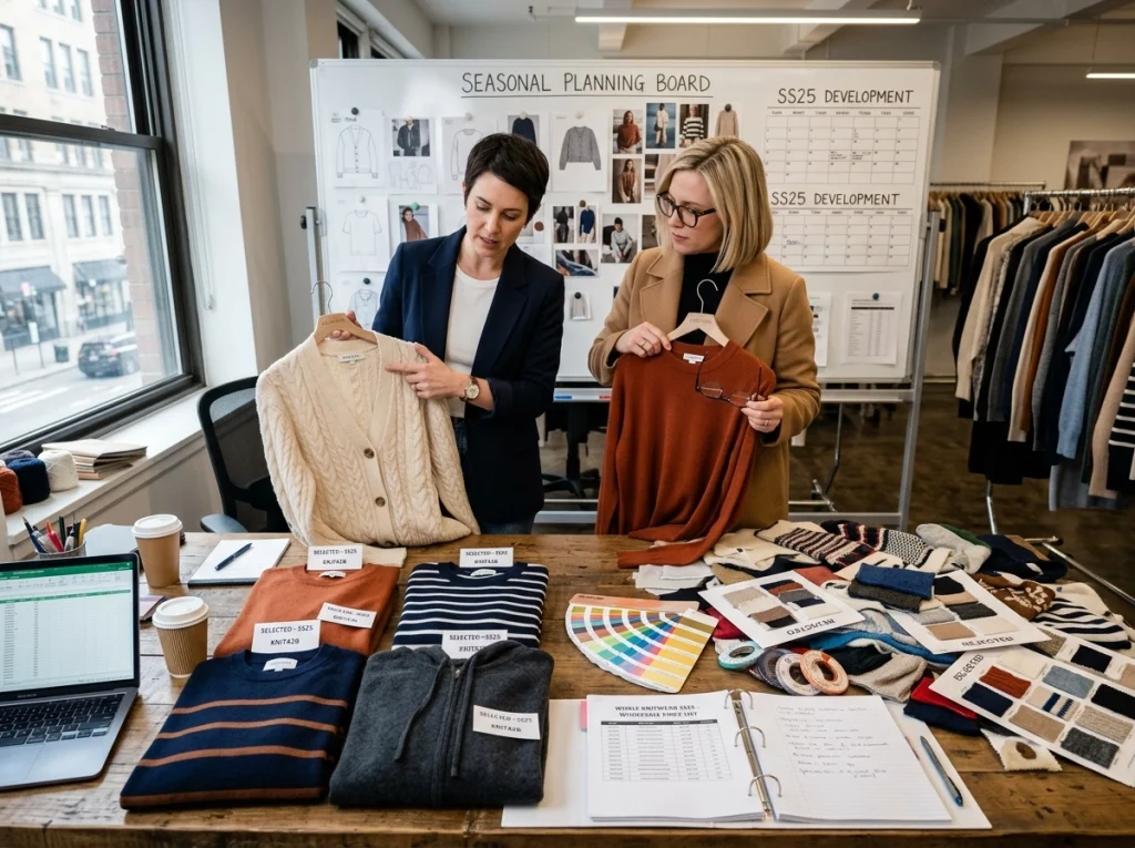 Wholesale knitwear buyers narrowing a product assortment by selecting a few core styles from a larger table of samples.