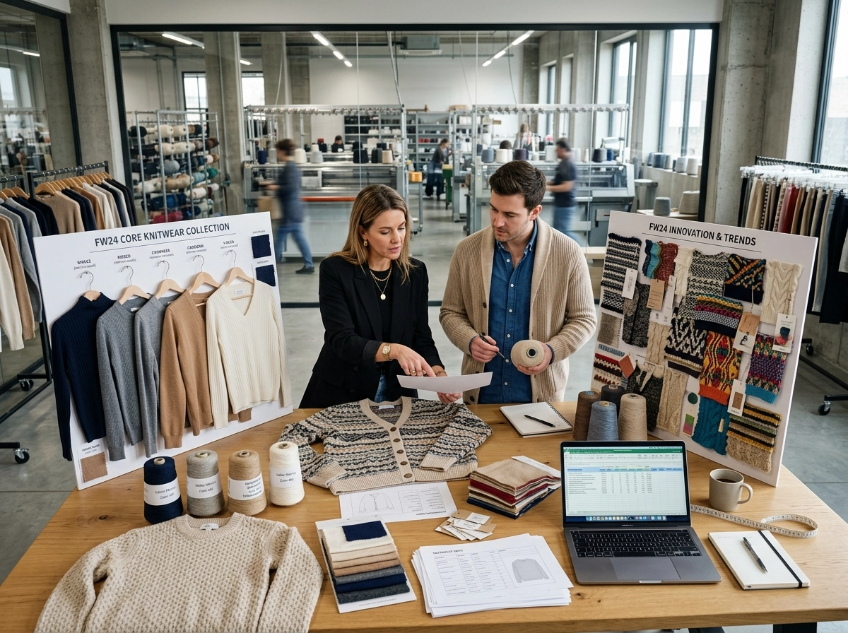 Buyer and product manager comparing a focused wholesale knitwear range with a larger complex collection in a factory showroom.