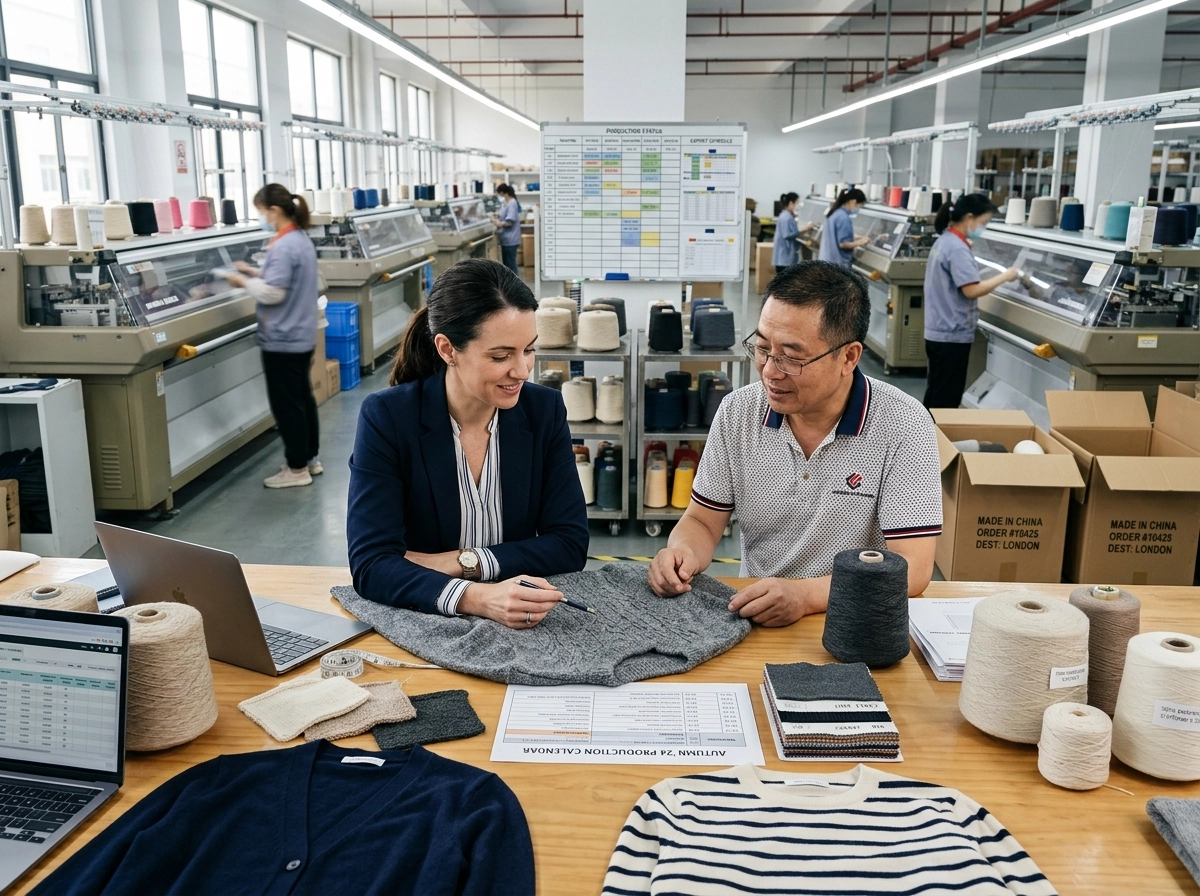 Western buyer and Dongguan knitwear factory representative reviewing sweater samples, yarn swatches, and production plans inside a knitwear factory.