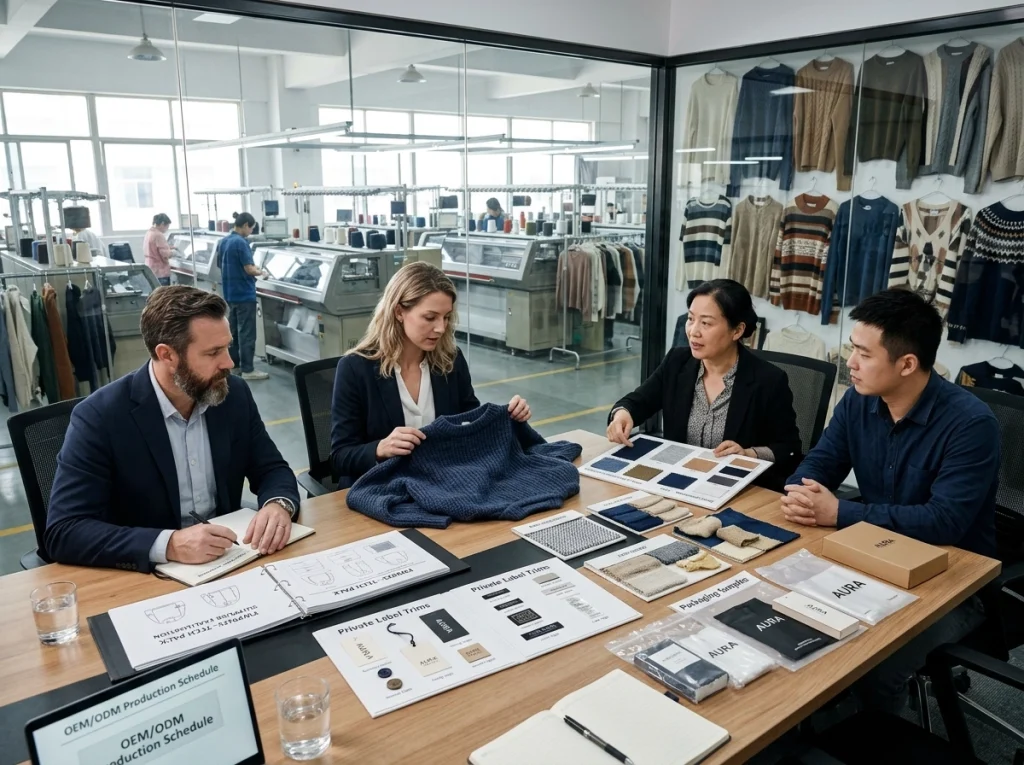 Brand team reviewing tech packs, sweater prototypes, trims, and packaging samples during a factory supplier evaluation meeting.