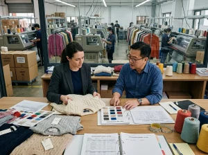 Professional buyer and knitwear sourcing manager reviewing sweater samples, yarn swatches, and factory documents before selecting wholesale knitwear suppliers.