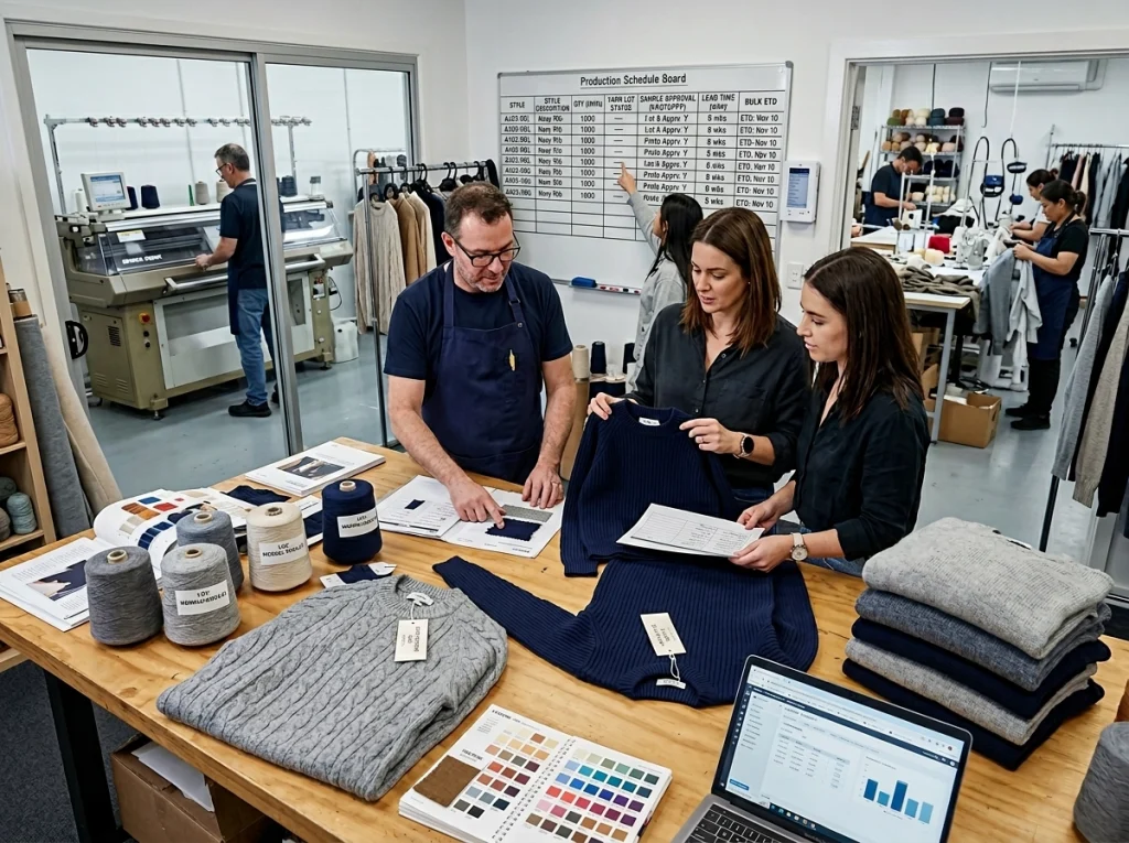 Knitwear merchandisers and technicians reviewing sample sweaters, yarn lots, color cards, and production schedules for MOQ and lead time planning.