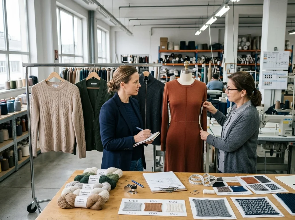 Buyer and knitwear technician comparing sweaters, cardigans, zip knitwear, and knit dresses in a sample room to assess supplier product fit.