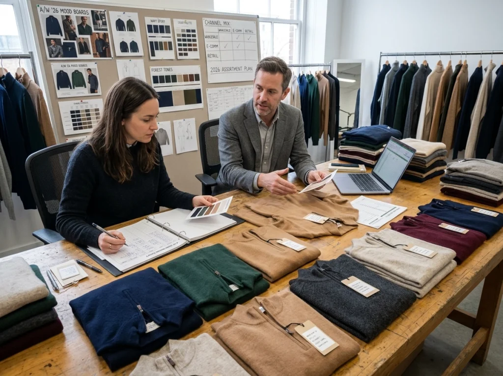 Wholesale buyer and product manager reviewing mens knitwear assortment plans with quarter-zip samples, swatches, and order notes on a worktable.