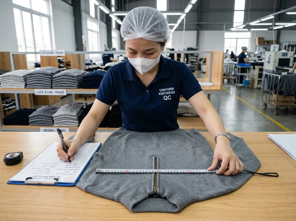 QC inspector checking quarter-zip sweater measurements, zipper alignment, and collar symmetry on an inspection table in a knitwear factory.