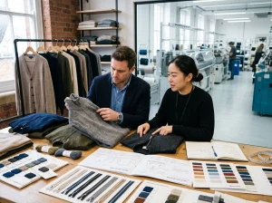 Wholesale mens knitwear sourcing meeting with quarter-zip and zip-neck sweater samples, yarn swatches, and zipper options on a factory showroom table.