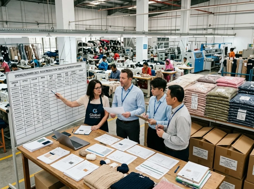 Factory team planning wholesale womens knitwear bulk orders with production schedules, packed garments, cartons, and order sheets.