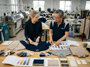Retail buyer and knitwear factory merchandiser reviewing wholesale womens knitwear samples, yarn swatches, and private label details in a factory setting.