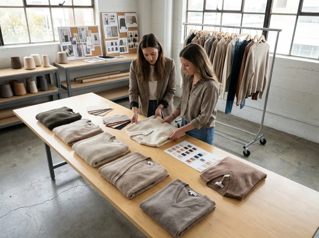 Buyer and product developer reviewing starter wholesale womens knitwear styles including sweaters and cardigans on a rack and table.