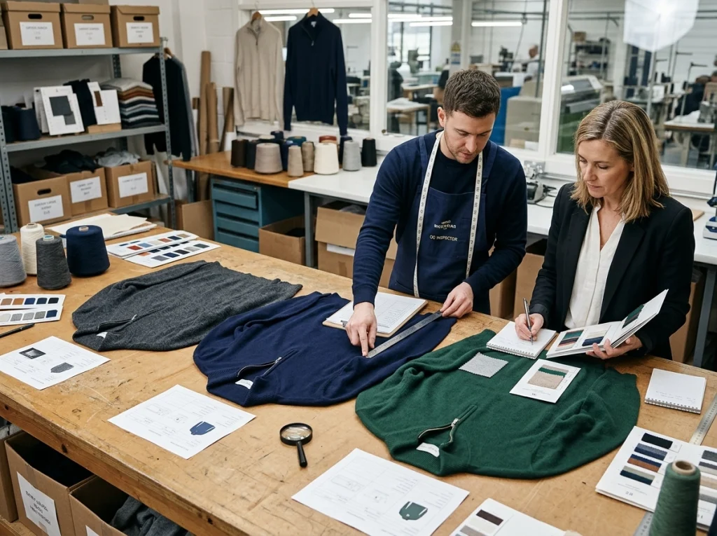 QC inspector and sourcing manager comparing three men's half zip sweaters of different quality tiers on an inspection table.