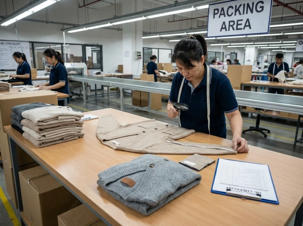 QC inspector checking a womens cardigan and sweater for measurements, seam quality, label accuracy, and finishing before shipment.