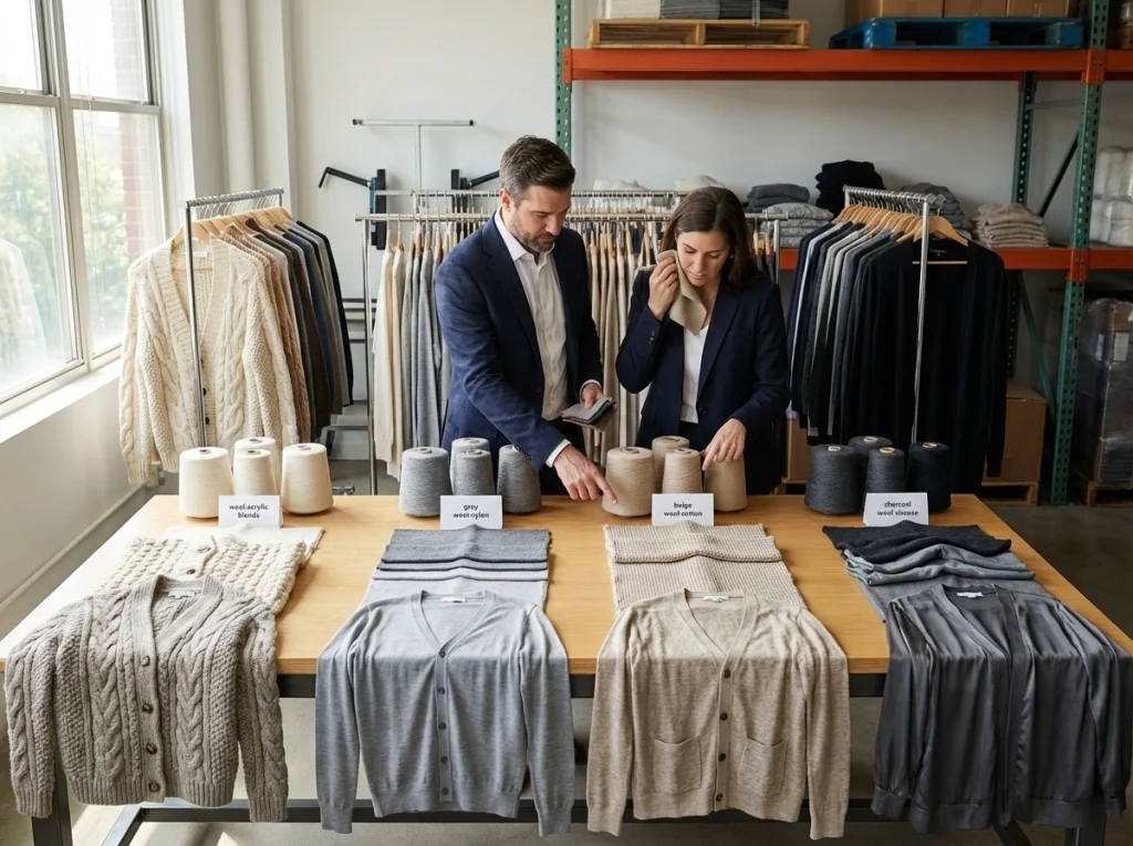 Buyer and product developer reviewing wool-acrylic, wool-nylon, wool-cotton, and wool-viscose yarns with matching cardigan swatches.