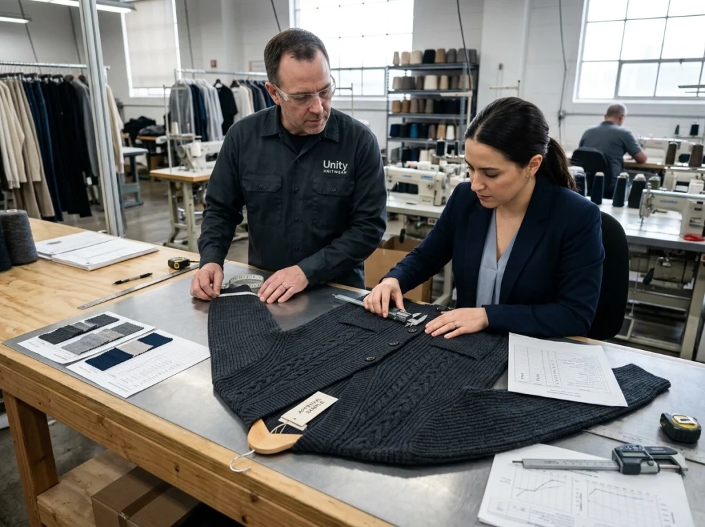 Buyer and quality technician inspecting a wool cardigan sweater sample, checking placket alignment, button line stability, and measurements before bulk production.