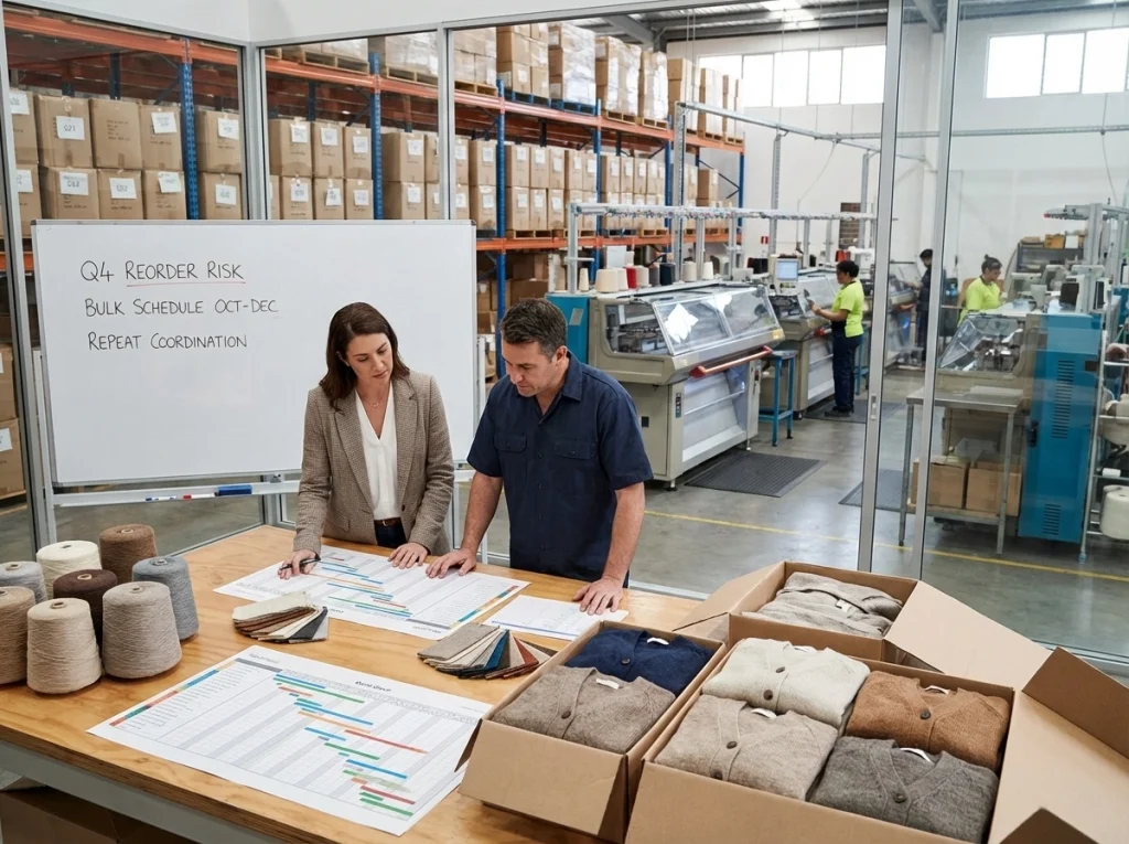 Production planner and sourcing manager reviewing cardigan samples, yarn inventory, cartons, and order schedules near a factory floor and warehouse area.