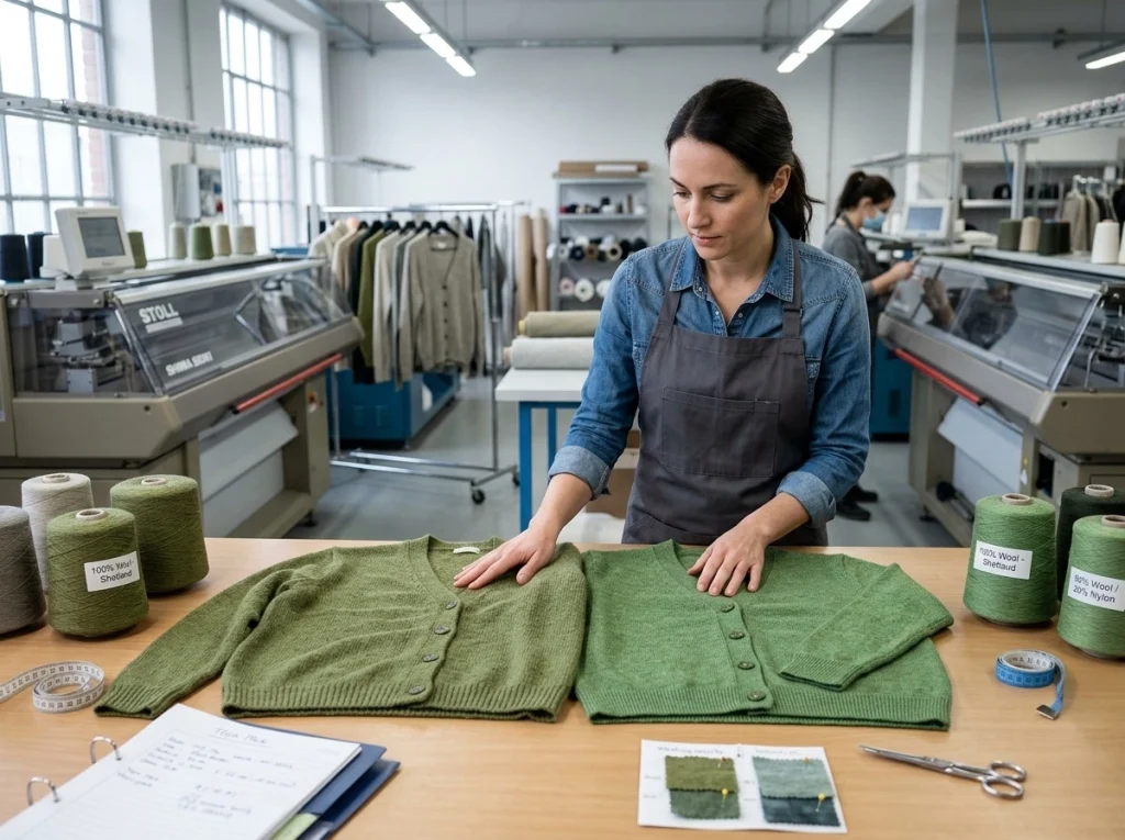 Technician comparing pure wool and wool blend cardigan panels on a sampling table to evaluate structure, drape, and placket stability.