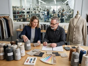 Buyer and knitwear developer reviewing wool blend yarn cones, cardigan swatches, and a wool cardigan sweater sample in a professional factory sample room.