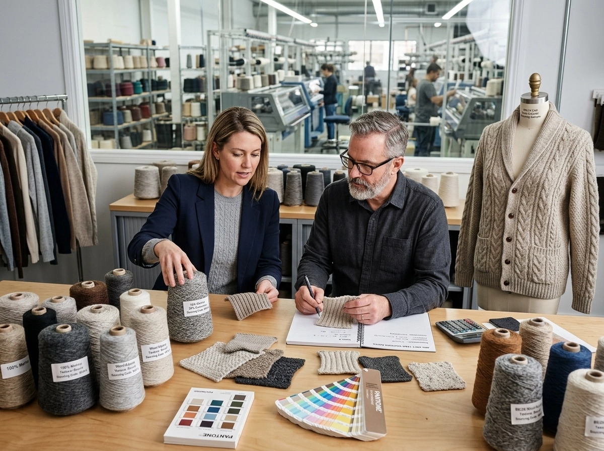 Buyer and knitwear developer reviewing wool blend yarn cones, cardigan swatches, and a wool cardigan sweater sample in a professional factory sample room.