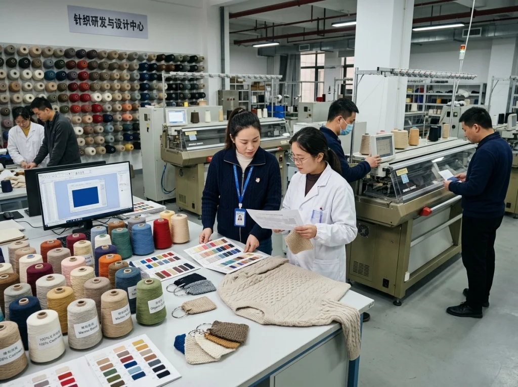 Knitwear technicians reviewing yarn cones, swatches, lab dips, and sweater samples in an advanced development room beside knitting machines.