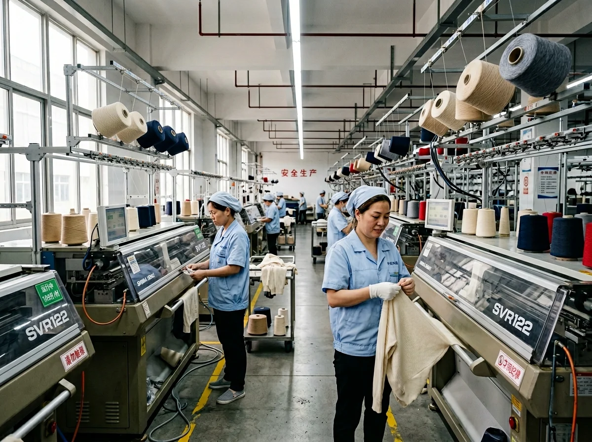 A modern Chinese knitwear factory floor with computerized flat knitting machines, adult workers checking sweater panels, and neatly arranged yarn cones in a clean production environment.