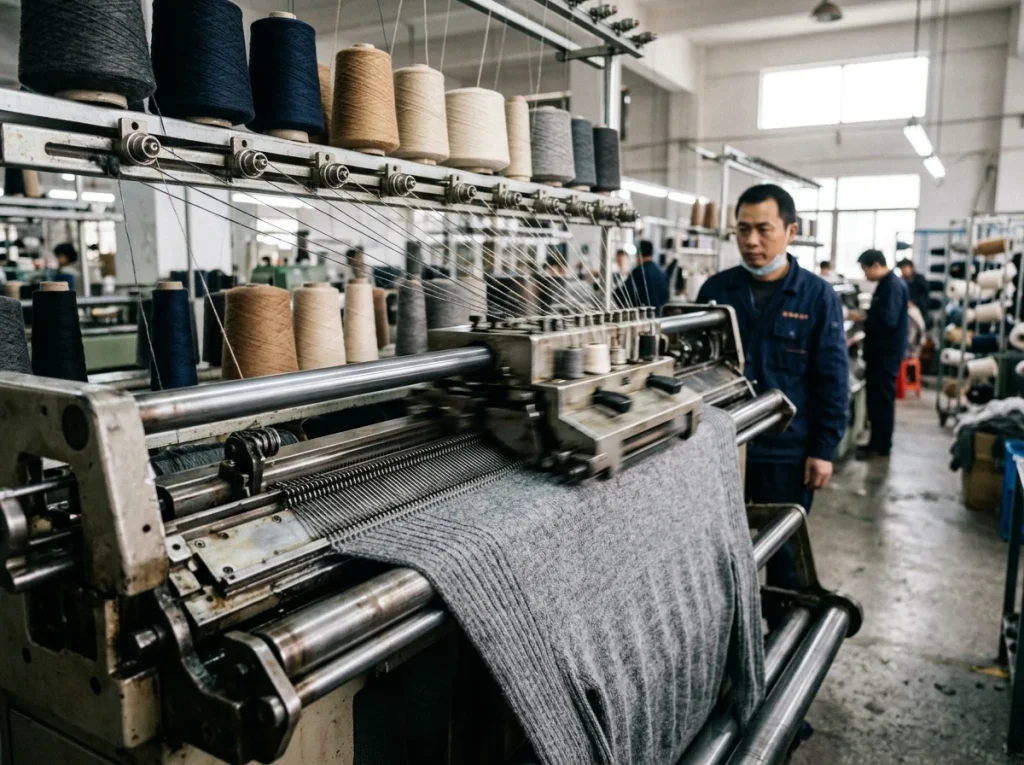 A close-up of a computerized flat knitting machine in a Chinese sweater factory producing a grey knit panel with yarn cones above the machine.