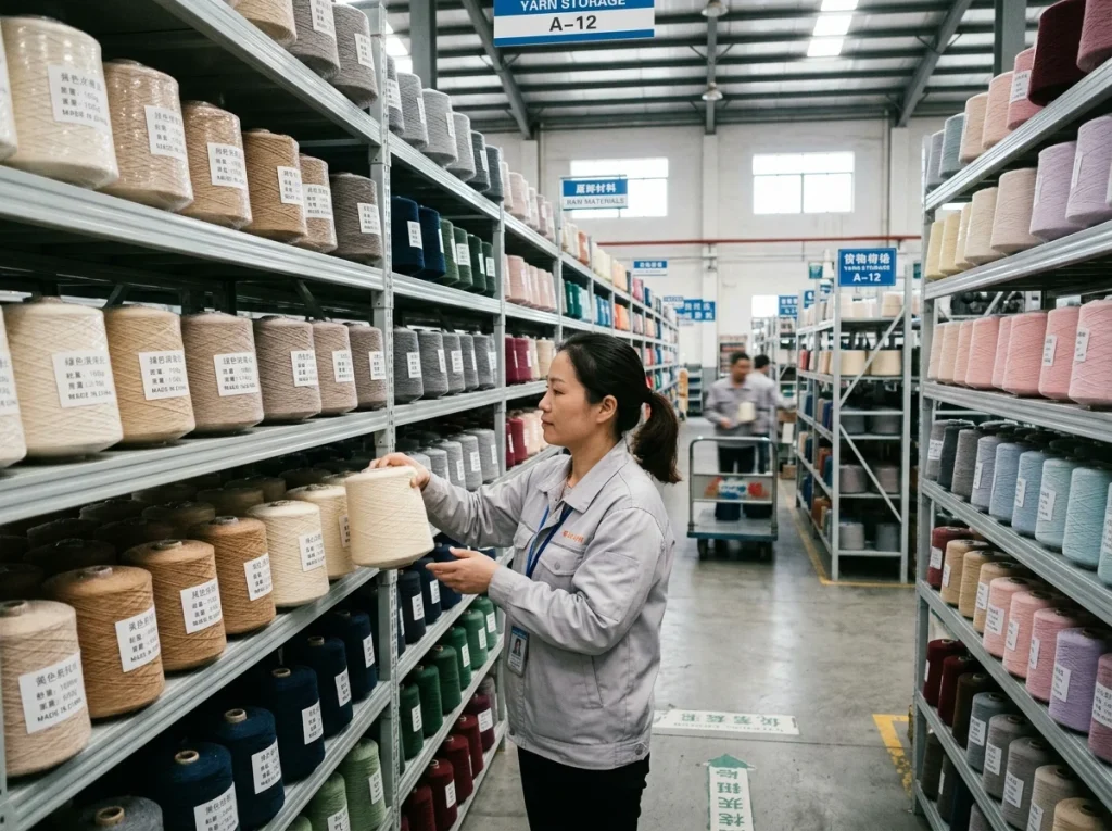 A Chinese knitwear factory yarn warehouse with organized shelves of yarn cones in multiple colors and an adult worker selecting yarn for production.