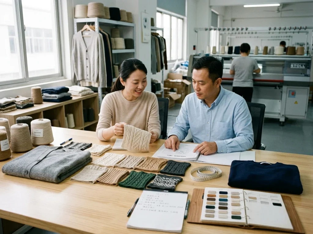 A knitwear sample development room in a Chinese factory with knitted swatches, sample garments, yarn cones, and two professionals reviewing product details.