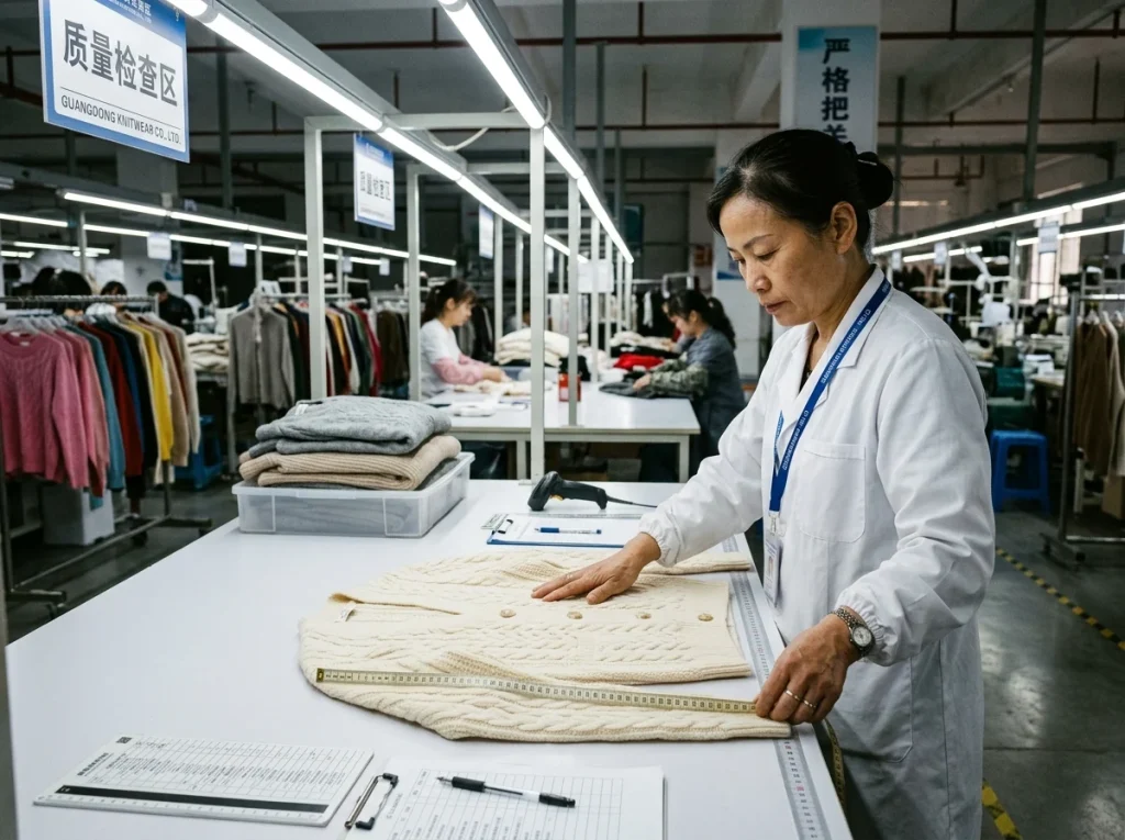 An adult quality inspector in a Chinese knitwear factory checking a cream cardigan on a flat inspection table under bright QC lighting.