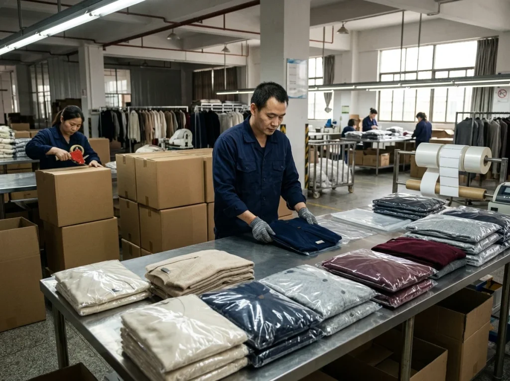 A Chinese knitwear factory packing area with folded sweaters, blank export cartons, and adult workers preparing finished garments for shipment.