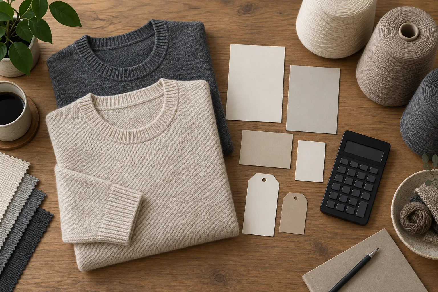 Two sweaters beside yarn cones, blank quote cards and a calculator with its display off