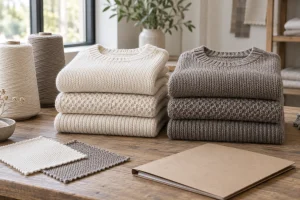 Small cream and taupe sweater assortment beside yarn cones, swatches and a blank folder