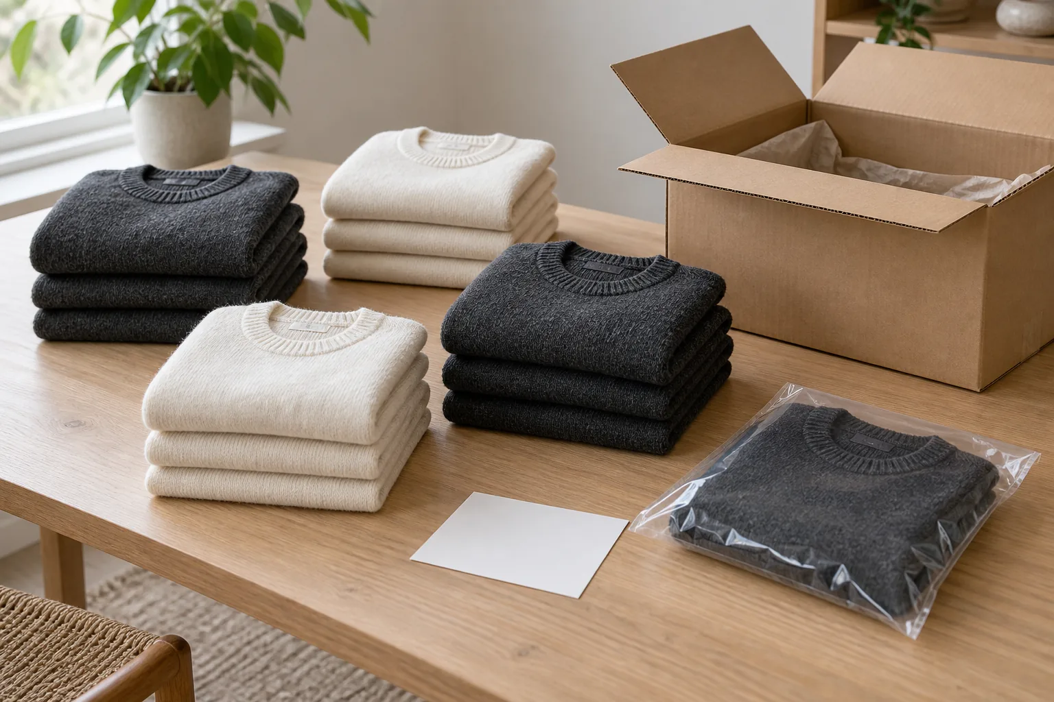 Separated charcoal and cream sweater stacks beside an open carton and retained sample sleeve