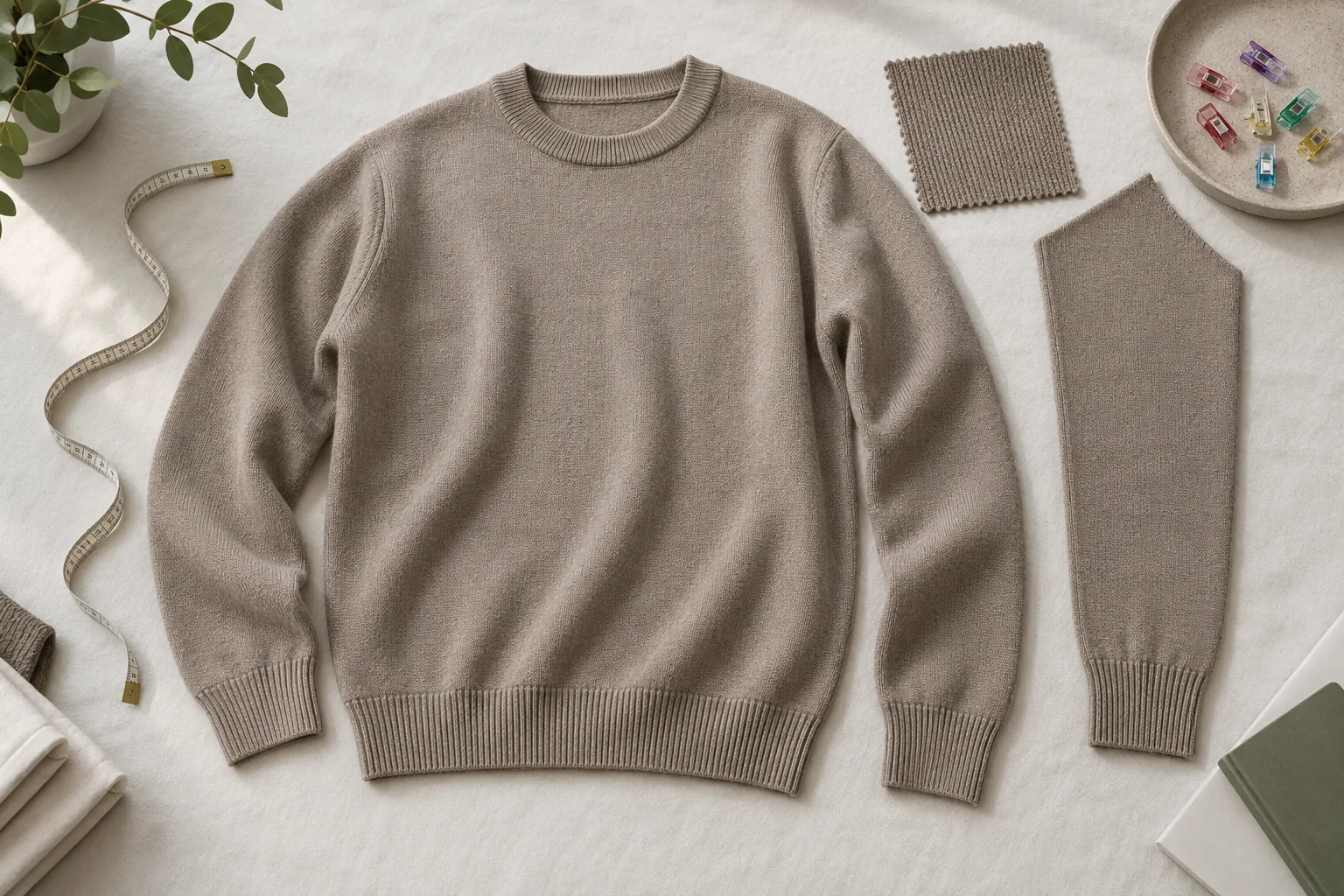 Taupe crewneck sample beside a sleeve piece, swatch, tape and coloured clips
