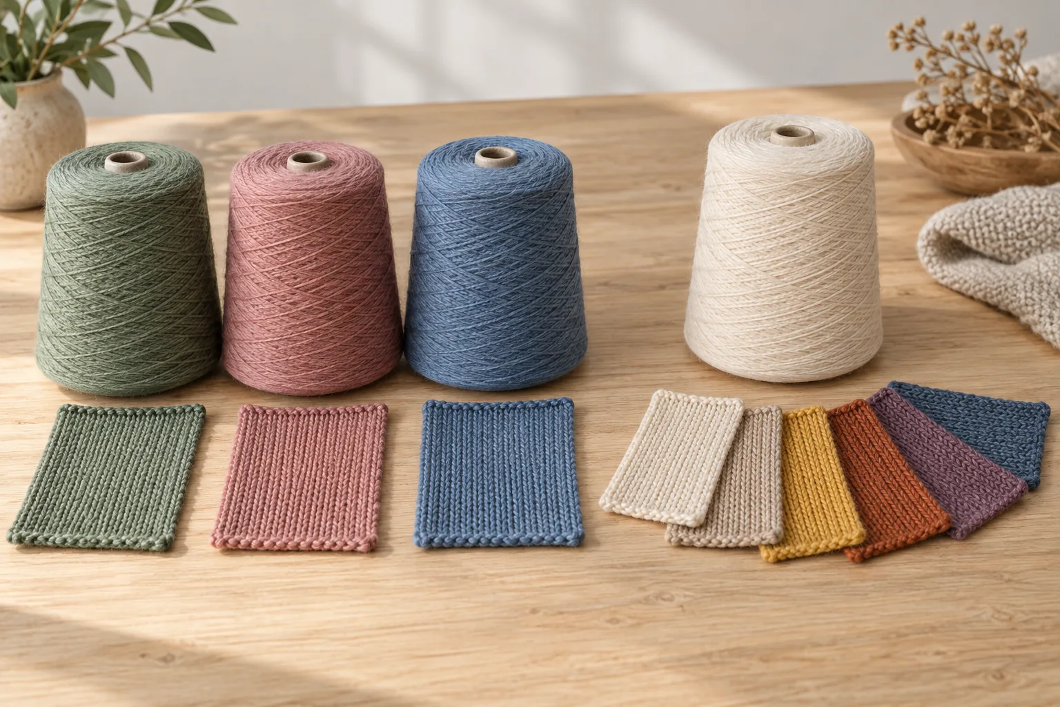 Four yarn cones beside separate groups of matching and alternative knitted swatches