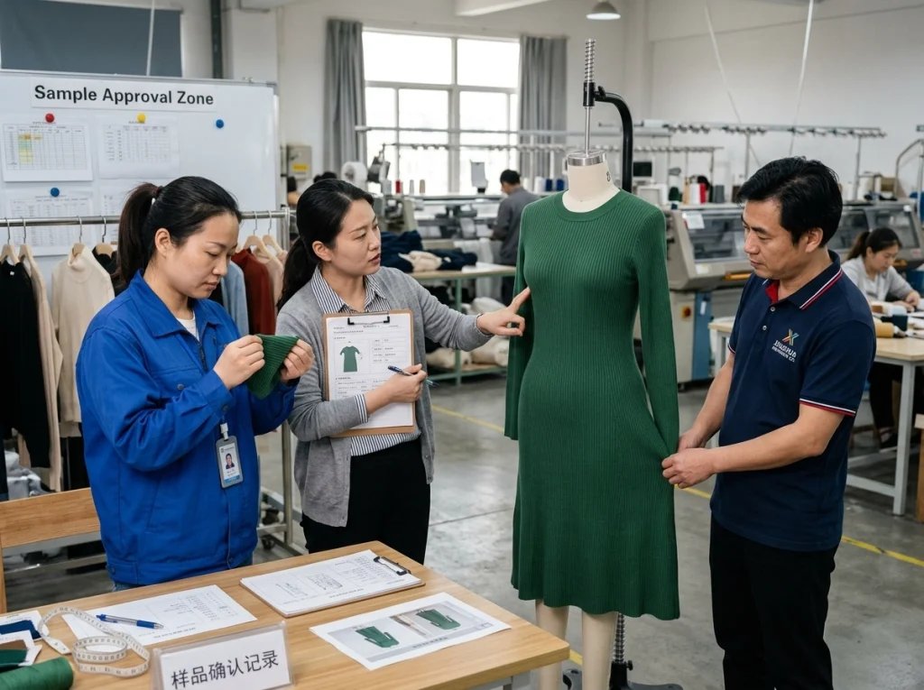 Chinese knitwear factory team reviewing a women’s knit dress sample on a mannequin before bulk production approval in a professional sample confirmation area.